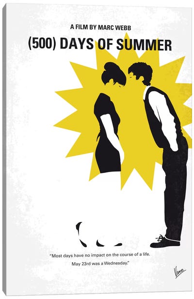 (500) Days Of Summer Minimal Movie Poster Canvas Art Print - Black, White & Yellow Art