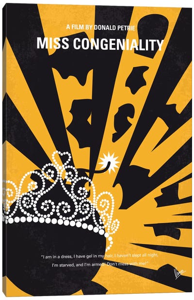 Miss Congeniality Minimal Movie Poster Canvas Art Print - Black, White & Yellow Art