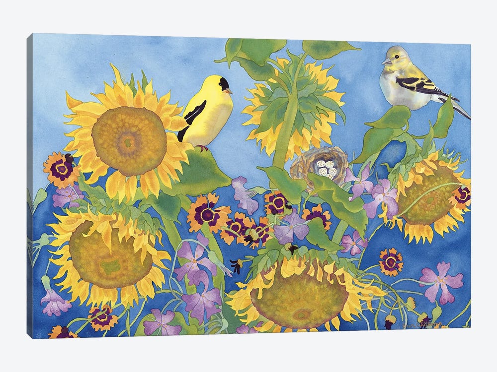 Goldfinches With Sunflowers by Carissa Luminess 1-piece Canvas Art