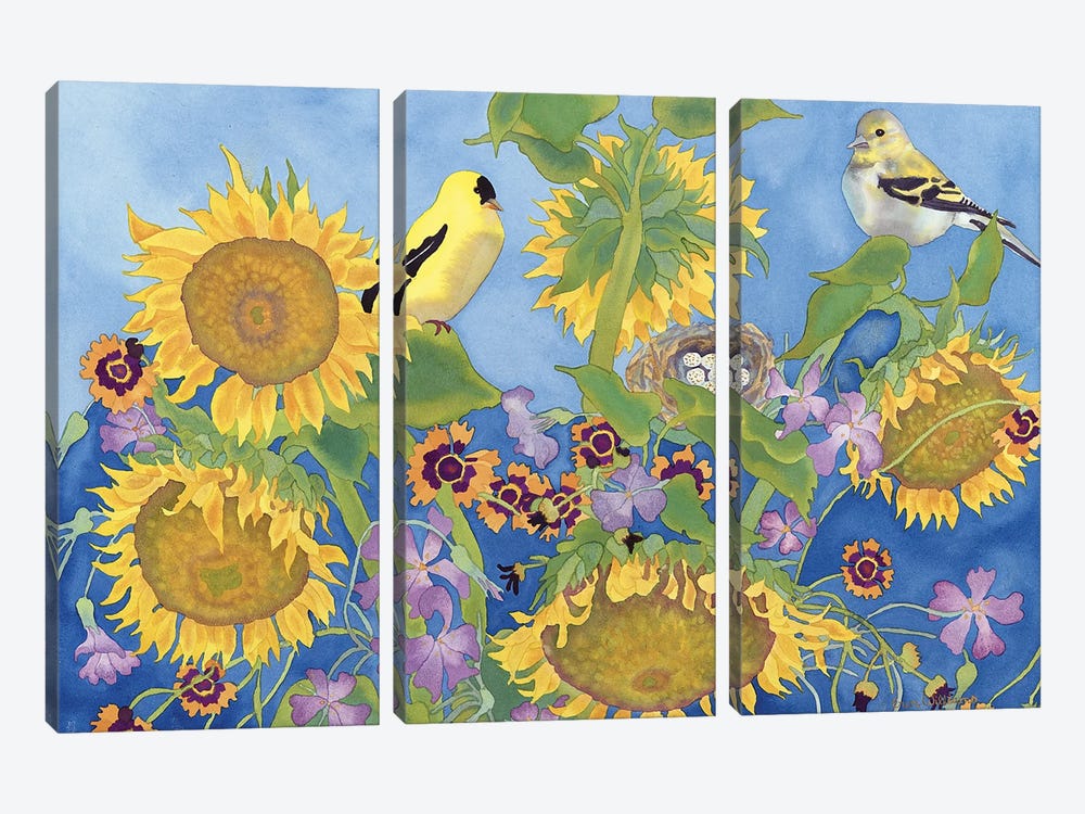 Goldfinches With Sunflowers by Carissa Luminess 3-piece Canvas Wall Art