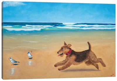 Murphy And The Cool Birds Canvas Art Print - Airedale Terriers