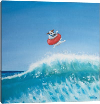 Playing In The Surf I Canvas Art Print - Jack Russell Terrier Art