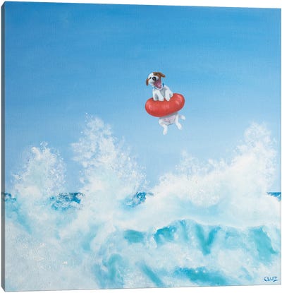 Playing In The Surf III Canvas Art Print - Jack Russell Terrier Art