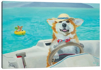 Boating Canvas Art Print - Corgi Art