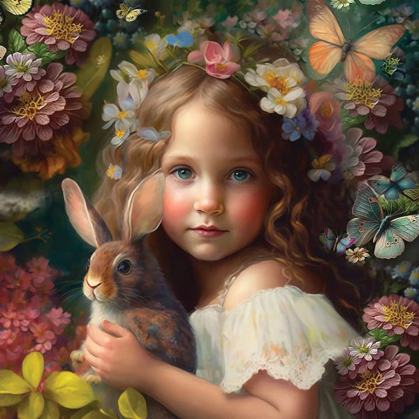 Rabbits: Irish Lass In Her Easter Garden by Claudia McKinney