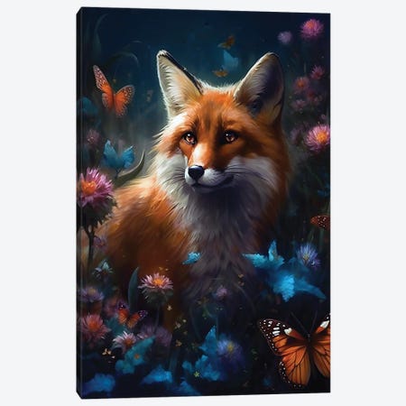 Fox In Flowers Canvas Print #CMK237} by Claudia McKinney Art Print
