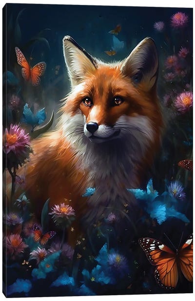 Fox In Flowers Canvas Art Print - Monarch Butterflies