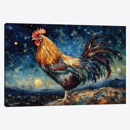 Starry Night Rooster Canvas Print #CMK245} by Claudia McKinney Canvas Artwork