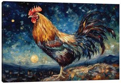 Starry Night Rooster Canvas Art Print - Claudia McKinney