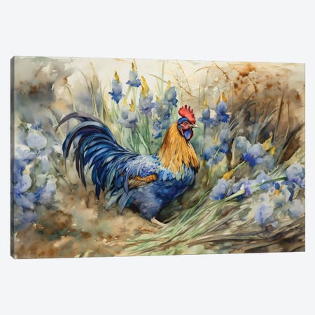 Rooster With Irises Canvas Print #CMK246} by Claudia McKinney Canvas Artwork