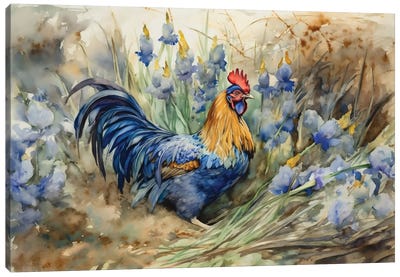Rooster With Irises Canvas Art Print - Iris Art