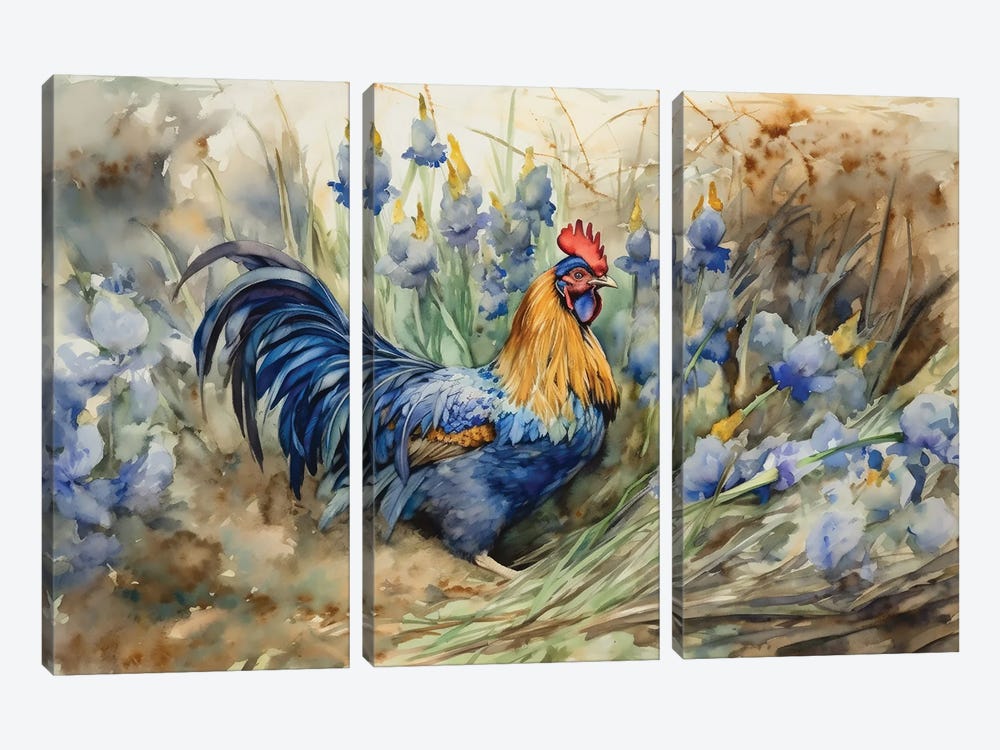 Rooster With Irises by Claudia McKinney 3-piece Canvas Wall Art