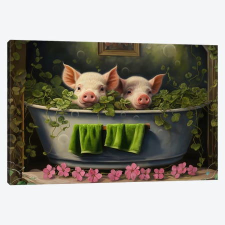 Bathtime Piggy Wiggies Canvas Print #CMK282} by Claudia McKinney Canvas Print
