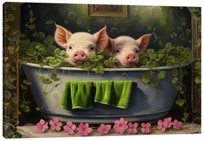 Bathtime Piggy Wiggies Canvas Art Print - Pig Art