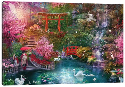 Japanese Garden Canvas Art Print - Waterfall Art