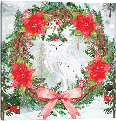 Snowy Owl Canvas Art Print - Poinsettia Art