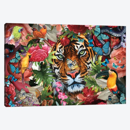 Tropical Flowers And Tiger Canvas Print #CMK72} by Claudia McKinney Canvas Wall Art