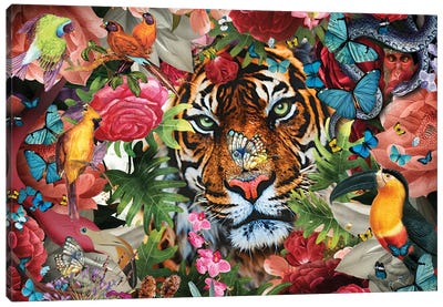 Tropical Flowers And Tiger Canvas Art Print - Toucan Art