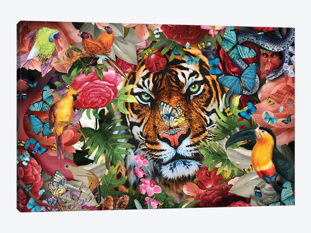 Tropical Flowers And Tiger by Claudia McKinney 1-piece Canvas Wall Art