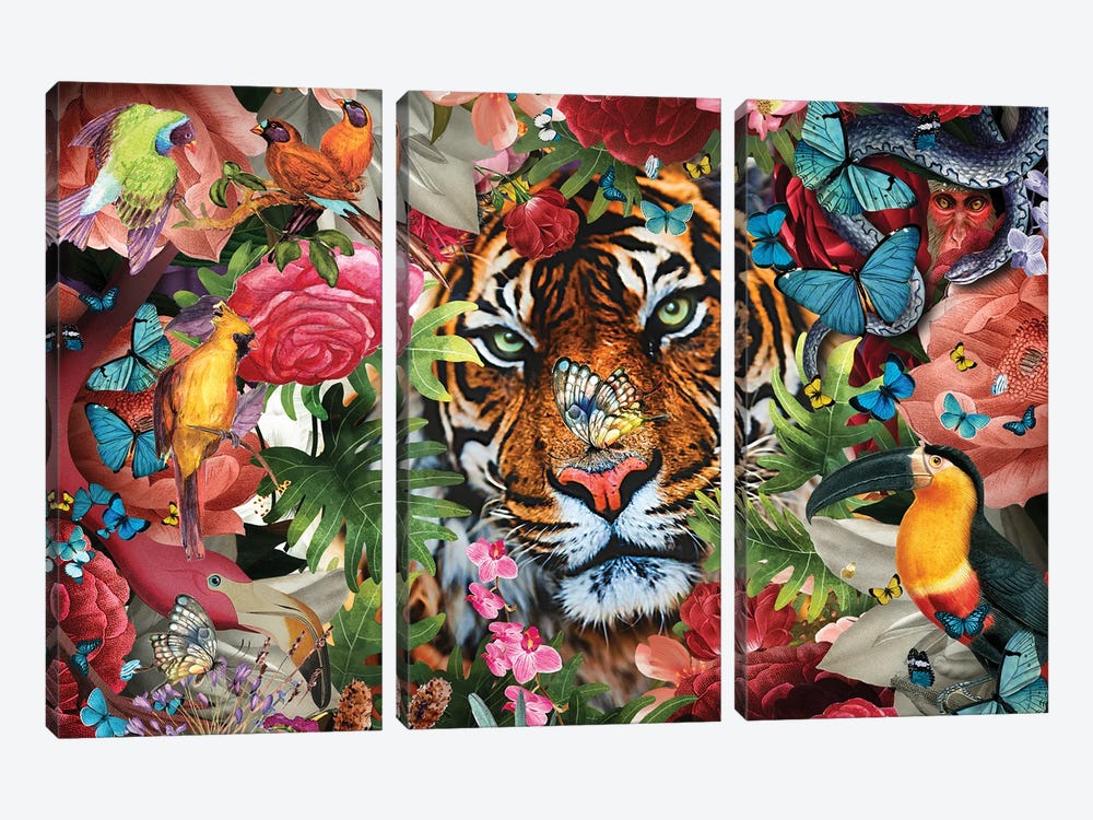 Tropical Flowers And Tiger by Claudia McKinney 3-piece Canvas Wall Art