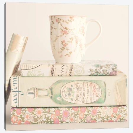 Pastel Books And Tea Canvas Print #CMN119} by Caroline Mint Canvas Print