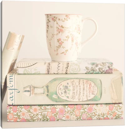 Pastel Books And Tea Canvas Art Print - Shabby Chic Décor