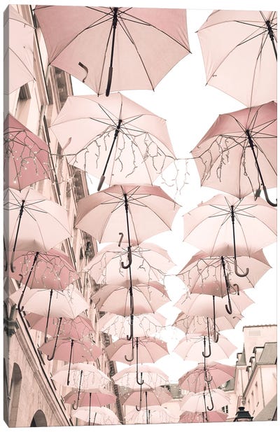 Paris In Blush Pink, Umbrellas Canvas Art Print - Caroline Mint