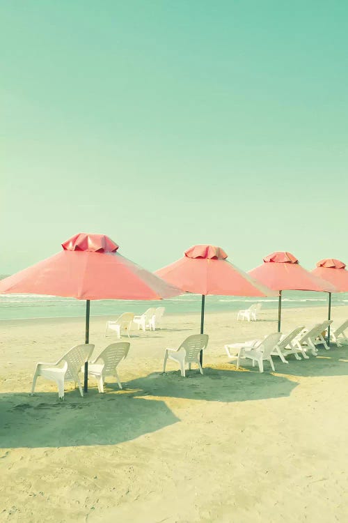 Coral Umbrellas In The Beach by Caroline Mint wall art