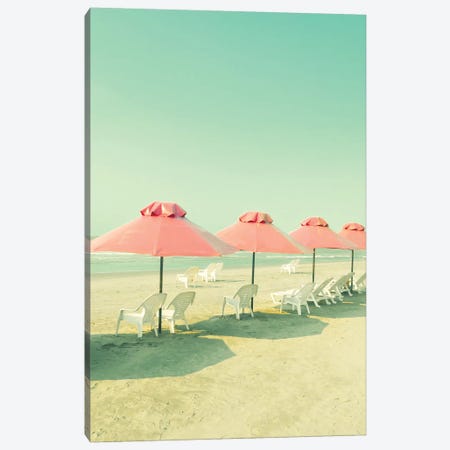 Coral Umbrellas In The Beach Canvas Print #CMN35} by Caroline Mint Canvas Wall Art