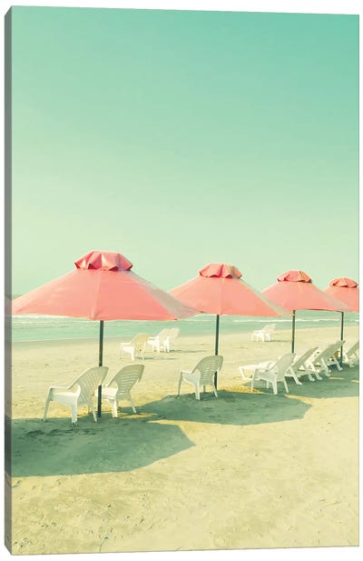 Coral Umbrellas In The Beach Canvas Art Print - Caroline Mint