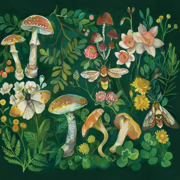 Bees: Mushroom Garden Green by Clara McAllister