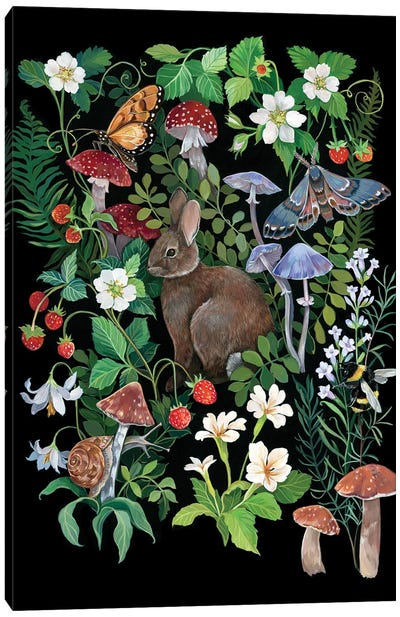 Rabbit And Strawberries Canvas Art Print - Mushroom Art