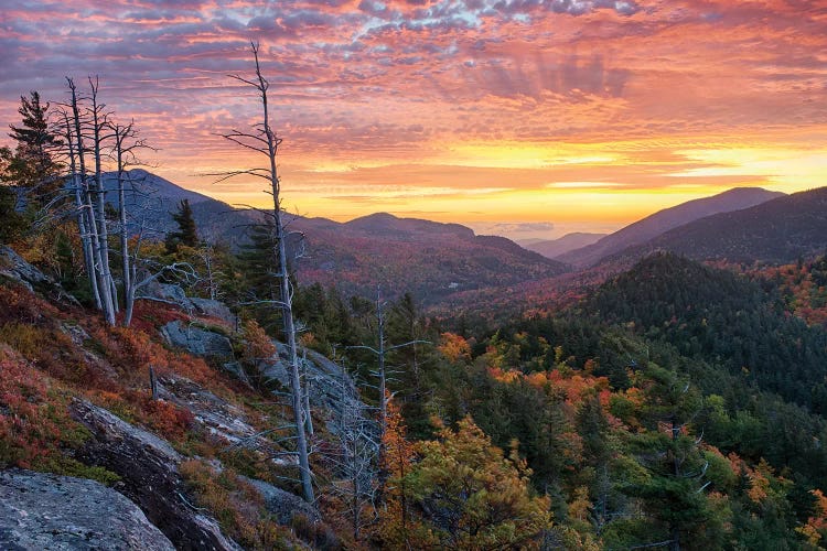 USA, New York State. Sunrise on Mount Baxter in autumn, Adirondack Mountains.