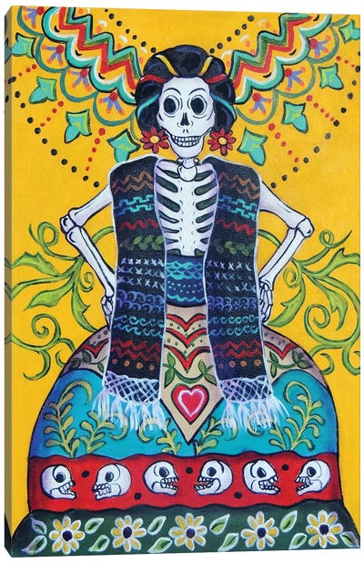 Folkart Frida Canvas Art Print - Skeleton Art