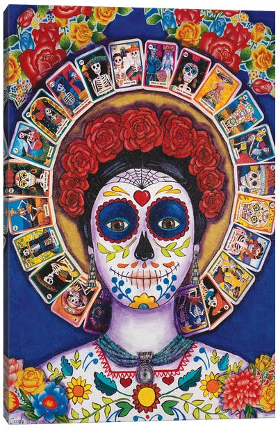 Blue Loteria Lady Canvas Art Print - Mexican Culture