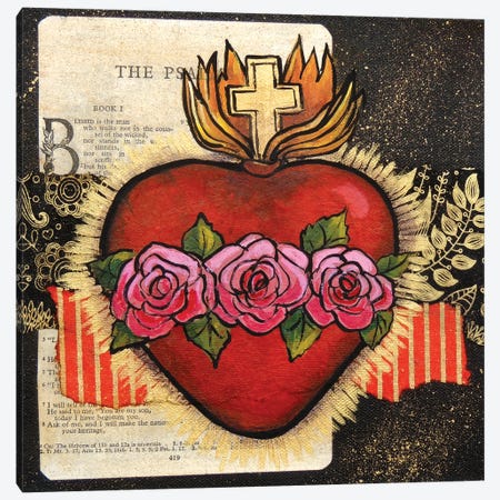 Sacred Heart With 3 Roses Canvas Print #CMY48} by Candy Mayer Art Print