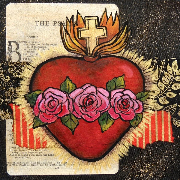 Latin Décor: Sacred Heart With 3 Roses by Candy Mayer
