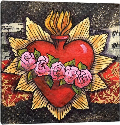 Sacred Heart With 5 Roses Canvas Art Print - Candy Mayer