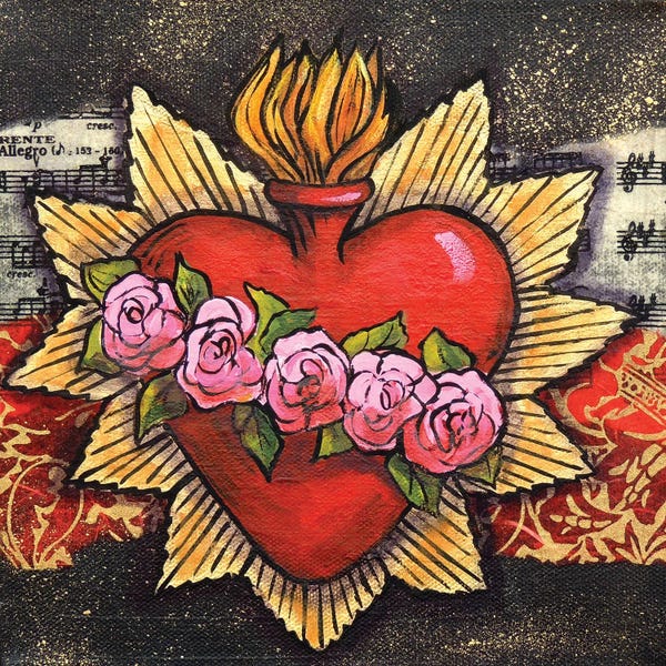 Latin Décor: Sacred Heart With 5 Roses by Candy Mayer