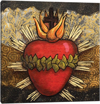 Sacred Heart With Leaves Canvas Art Print - Latin Décor