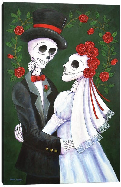Bride and Groom with Roses Canvas Art Print - Día de los Muertos Art
