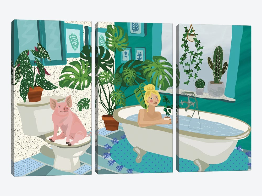 Bathroom Chilling's With Benny by Charlie Moon 3-piece Canvas Art Print