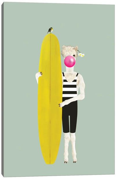 Alpaca Holding A Surfboard Canvas Art Print - Bubble Gum
