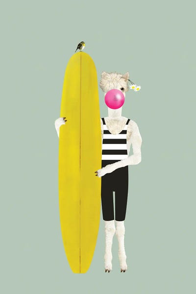 Kids Sports Art: Alpaca Holding A Surfboard by Caroline Keslassy