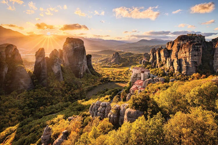 Meteora Greece Sunset Print PANORAMA CANVAS WALL ART Picture Green 