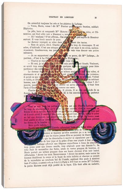 Giraffe On Motorbike Canvas Art Print - Giraffe Art
