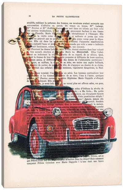 Giraffes In French Red Car Canvas Art Print - Kids Transportation Art