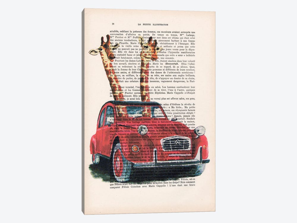 Giraffes In French Red Car by Coco de Paris 1-piece Canvas Art