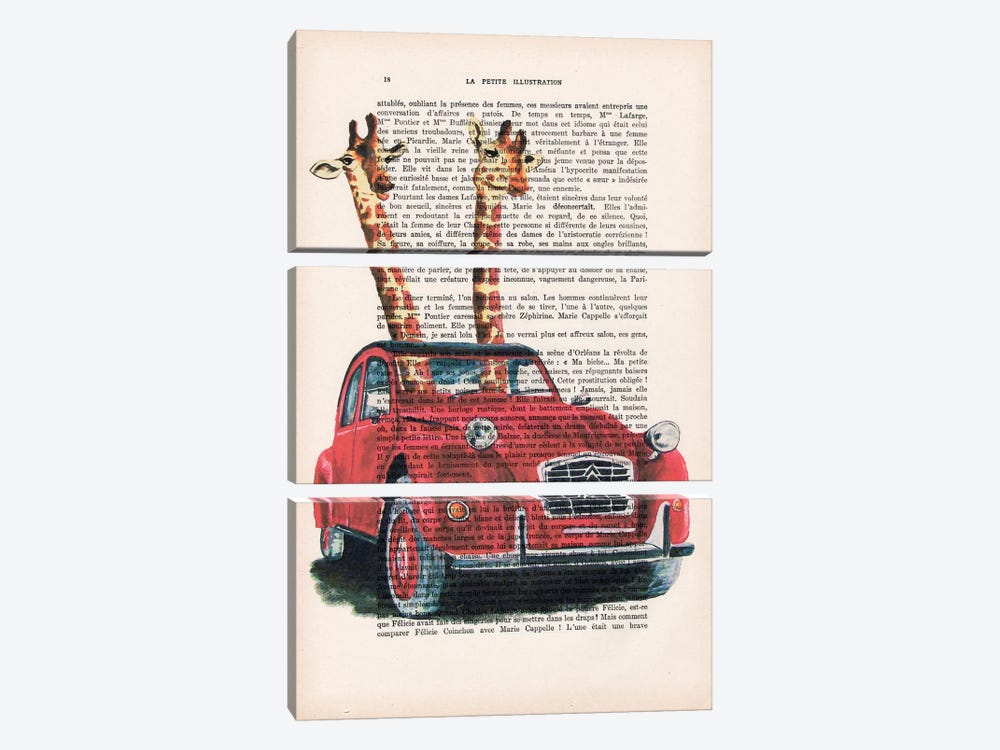 Giraffes In French Red Car by Coco de Paris 3-piece Canvas Artwork