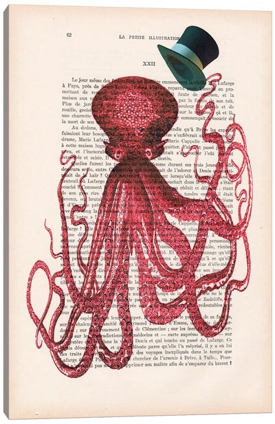 Octopus With Hat Canvas Art Print - Kids Nautical Art